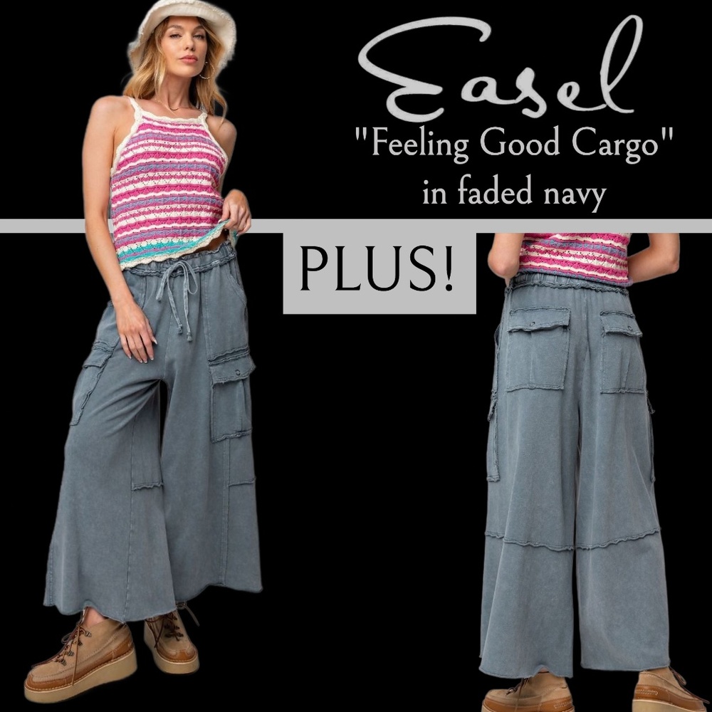 EASEL "Feeling Good Cargo" Mineral Washed Wide Leg Pants Raw Seams Multi Pockets